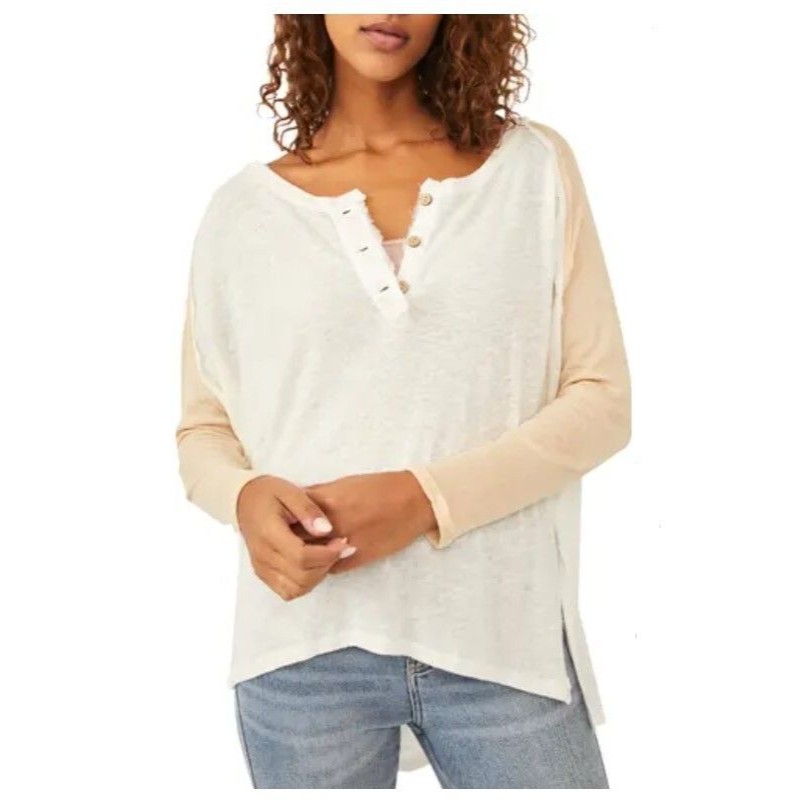 Free People Womens White Combo Grand Slam Linen Blend 3/4 Sleeve Size S 12036